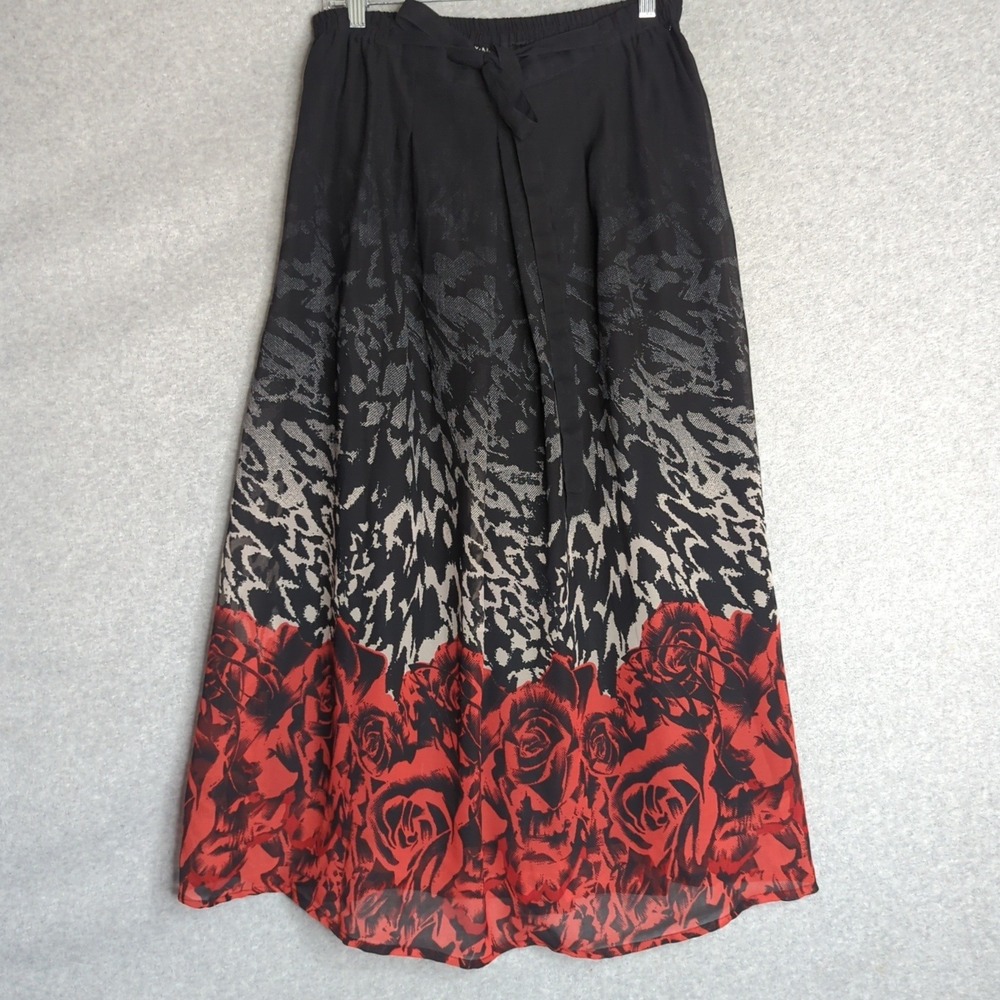 Nourau Maxi Skirt XL Black Red Rose Print Lined Whimsy Goth Dark Romantic Witchy